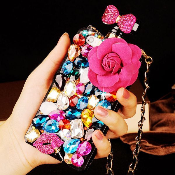 For iPhone 13 Pro Phone Cases Rhinestone 6 7 8 Plus Perfume Bottle Protective Cover Flower Lips Lanyard - Image 2