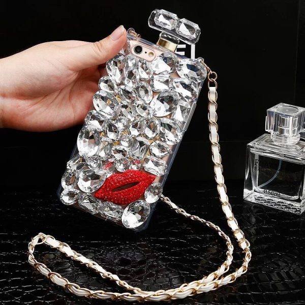 For iPhone 13 Pro Phone Cases Rhinestone 6 7 8 Plus Perfume Bottle Protective Cover Flower Lips Lanyard - Image 4
