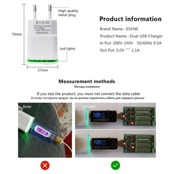2 Port LED Light USB Charger 5V 2.1A Wall Adapter Phone Charger - Image 3