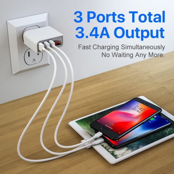 Phone Charger,EU 3.4A/5V 3 Port LED Display Usb Charger - Image 3
