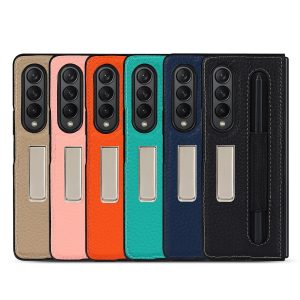 Suitable For Samsung Galaxy Z Fold3 Real Phone Case Zfold3 Protective Sleeve Lychee Pen Bag 5G Bracket Integrated Pen Bag