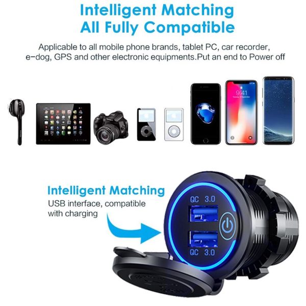 36W QC 3.0 Touch Switch Waterproof Universal Motorcycle Car Truck Boat Dual USB Charger Socket For Phone Tablet Camera GPS DVR - Image 2
