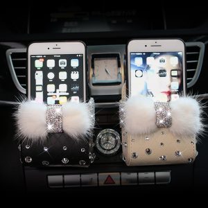 Leather Portable Car Storage Box Crystal Rhinestones Auto Outlet Air Vent Cosmetics Case Universal Mobile Phone Bag Pouch Bucket