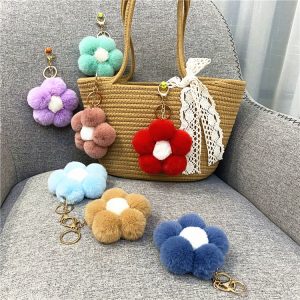 Creative Flower Hair Ball Key Chain Cute Plush Flower Bag Pendant Mobile Phone Accessories Car Key Ring Gift