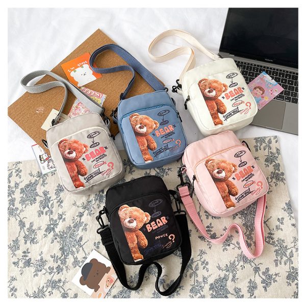 Canvas Bag Women's New Vitality Girl Student Mobile Phone Bag Japanese Cartoon Bear Shoulder Messenger Bag